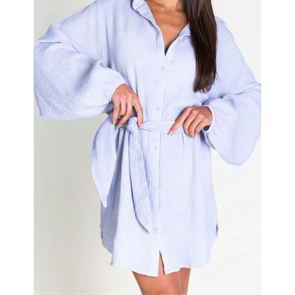 LAmade Andria Gauze Women’s Long Sleeve Tie Waist Button Front Shirt Dress White